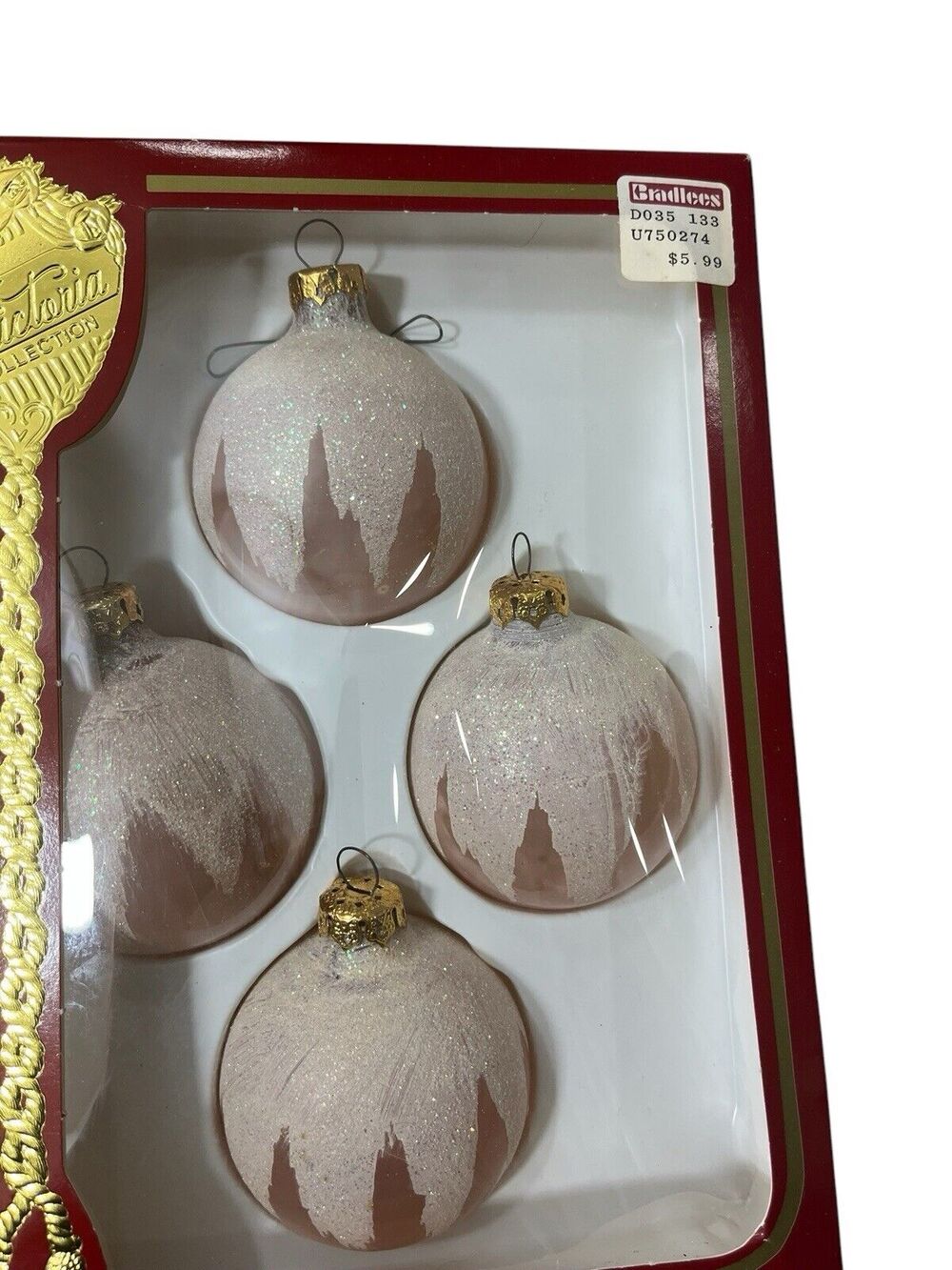 Vtg Glitter Snowcap Ball Ornament Rose Pink Victoria Collection NIB Set of 4